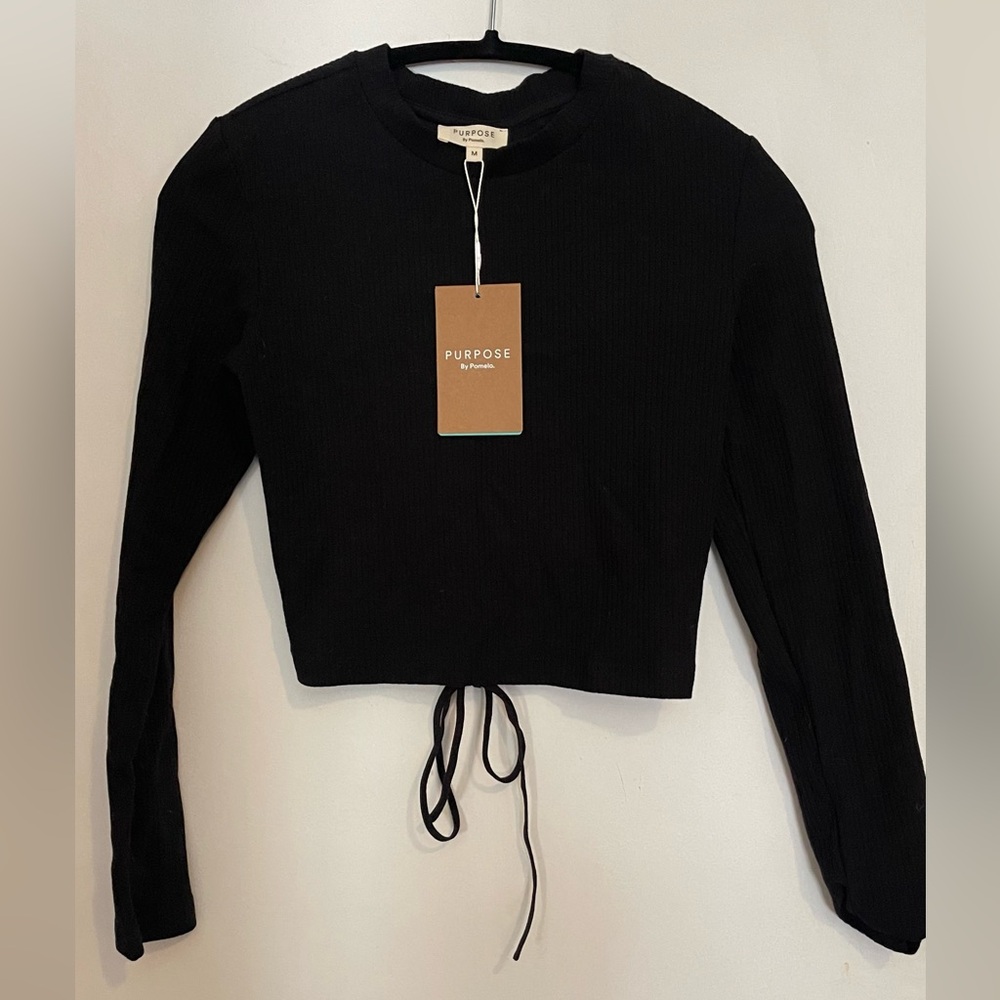 Black Ribbed Long Sleeve Top- Open Back